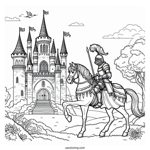 Knight On A Horse Riding To A Castle Coloring Page
