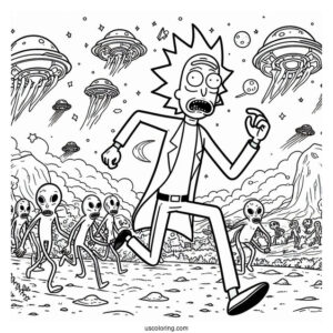 Rick And Morty Running From Aliens Coloring Page
