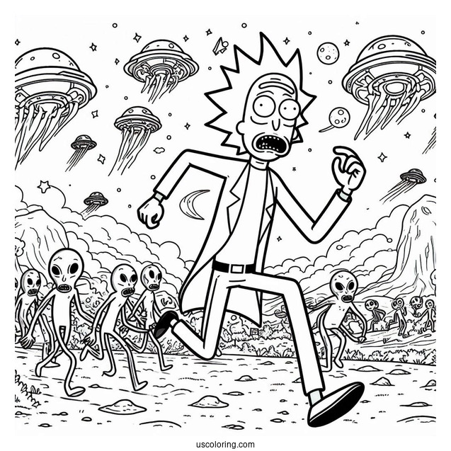Rick And Morty Running From Aliens Coloring Page