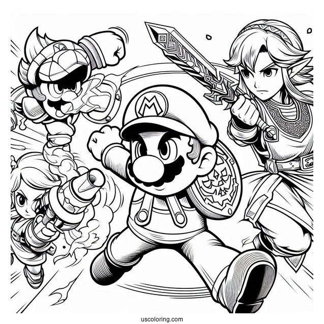 Super Smash Bros Coloring Page Of Mario Fighting Zelda