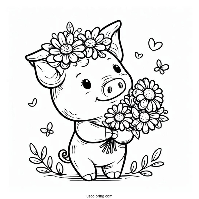 Easy Piglet Coloring Page Holding Flowers For Kids