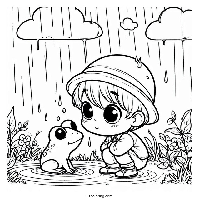 Little Boy Looking At Frog Under The Rain Coloring Page