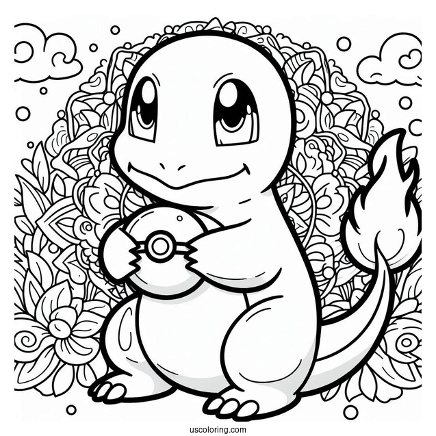 Charmander Holding Pokeball Mandala Coloring Sheet