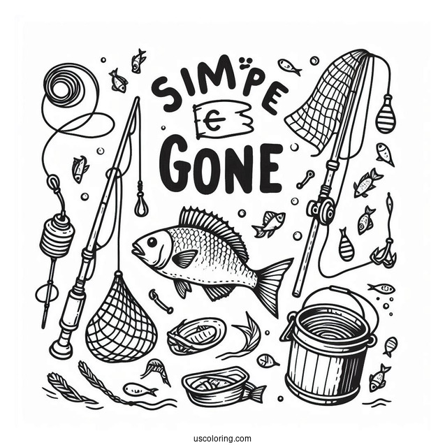 Gone Fishing Coloring Page With Bait, Rods, Nets, And Boat