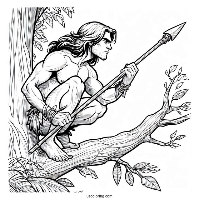 Tarzan Coloring Page Holding Spear While Crouched On Tree Branch