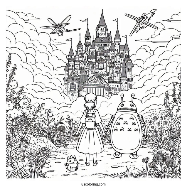 Studio Ghibli Coloring Page of Castle In The Sky Sheeta And Pazu With Robot