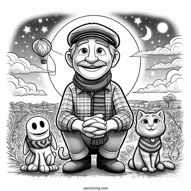 Pixar Coloring Page of Joe Gardner With 22, Moonwind, And Mittens From Soul