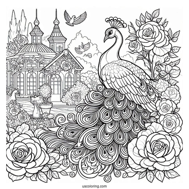 Peacock Coloring Page in Blooming Rose Garden with Architectural Details