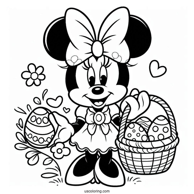 Minnie Mouse In Easter Bunny Coloring Page Costume Holding Basket With Eggs