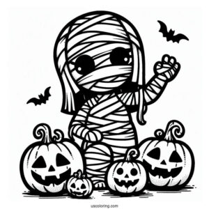 Adorable Egyptian Mummy Coloring Page With Jack O Lanterns