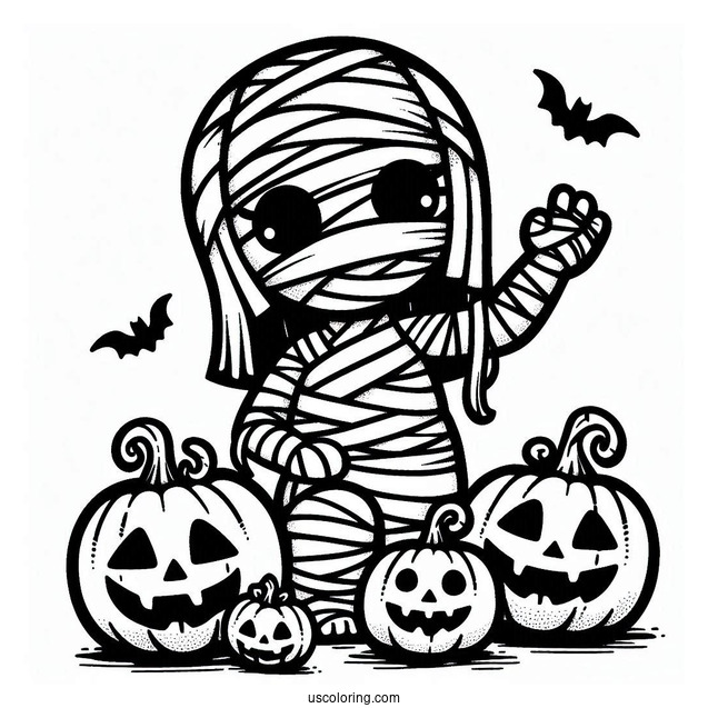 Adorable Egyptian Mummy Coloring Page With Jack O Lanterns