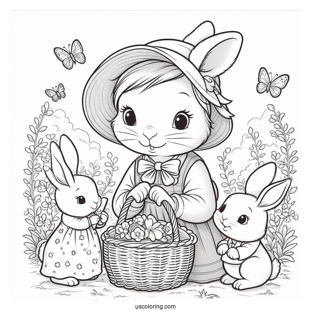 Josephine Rabbit Caring For Flopsy, Mopsy, Cotton Tail, And Peter Rabbit Coloring Page