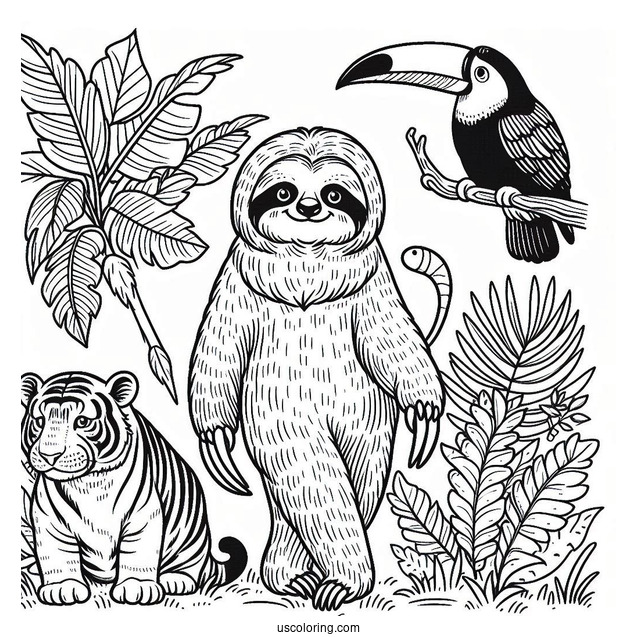 Simple Sloth, Tiger, And Toucan In The Jungle Coloring Page For Kids