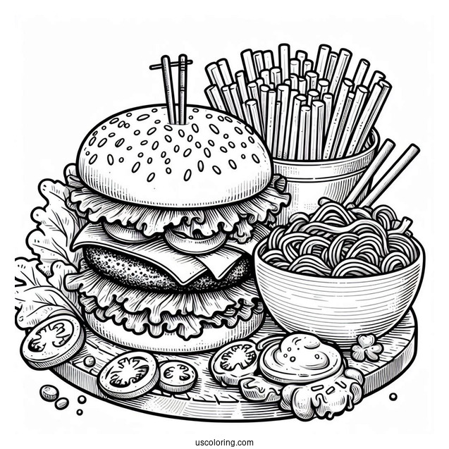 Burgers And Noodles Coloring Page