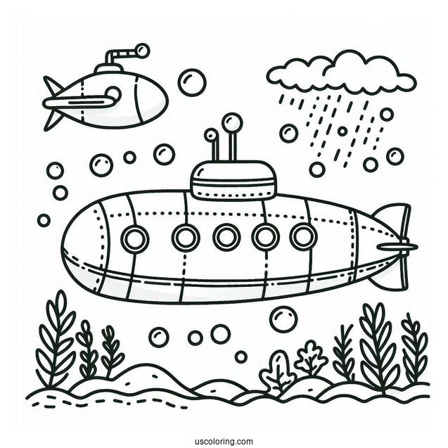 Easy Submarine Coloring PagevWith Bubbles For Preschoolers