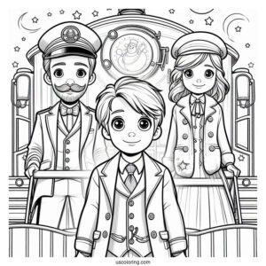 Conductor, Hero Boy, And Hero Girl In Front Of The Polar Express Coloring Page