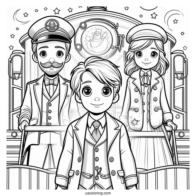 Conductor, Hero Boy, And Hero Girl In Front Of The Polar Express Coloring Page