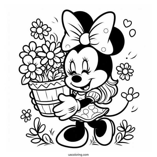 Minnie Mouse Carrying Spring Coloring Page Flower Pot