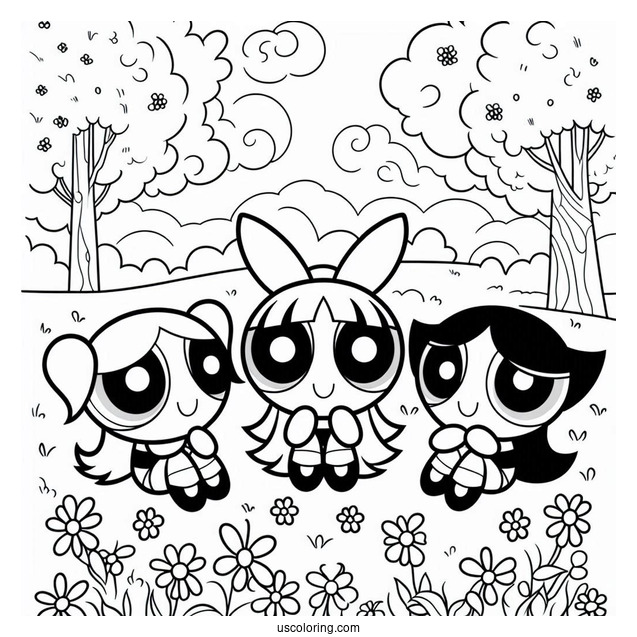 The Powerpuff Girls Sitting In a Park With Flowers