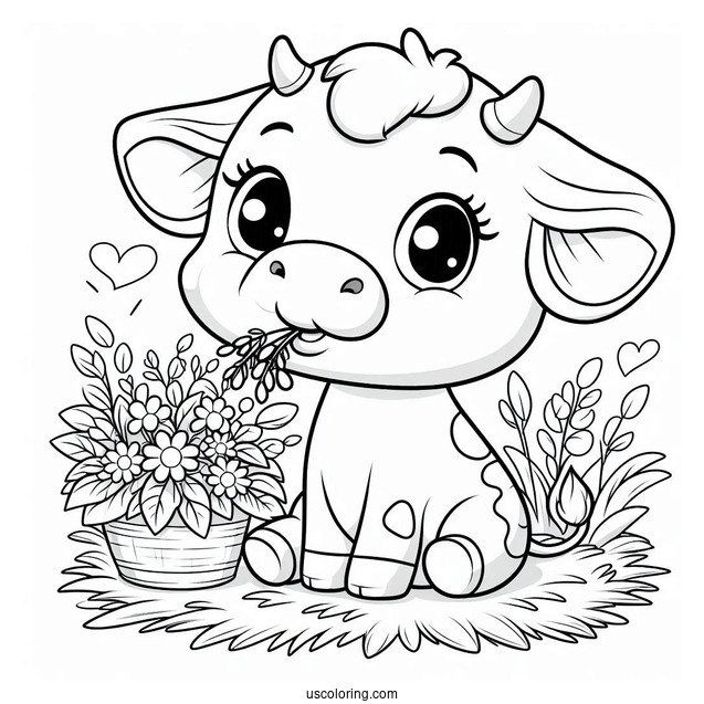 Happy Baby Cow Eating Grass Coloring Sheet