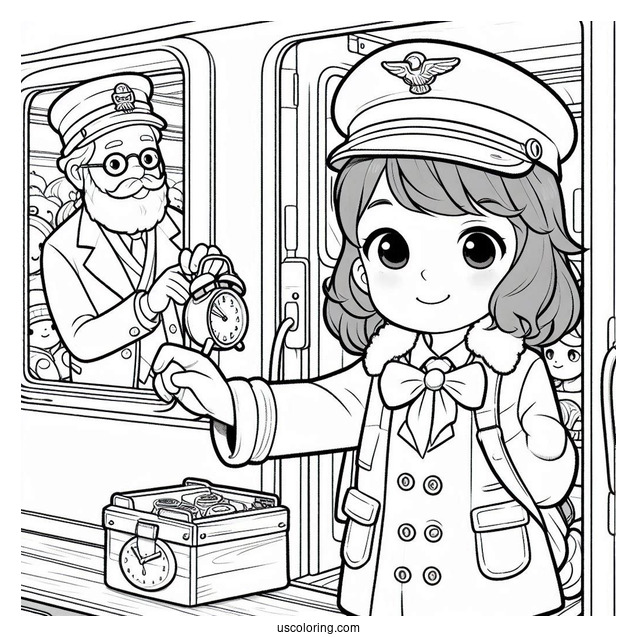 Polar Express Coloring Page Of Simple Conductor Checking The Time For Preschoolers