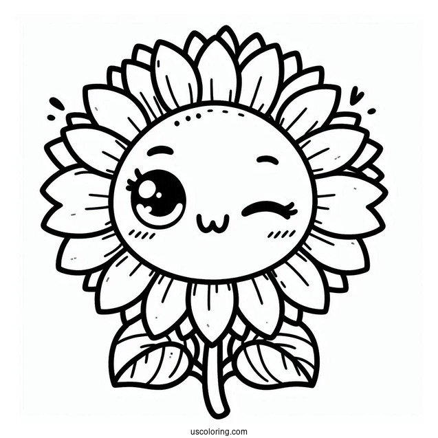 Cute Winking Sunflower Coloring In