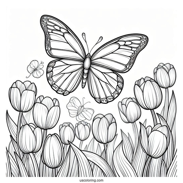 Realistic Outline Of Butterfly Hovering Over Tulips