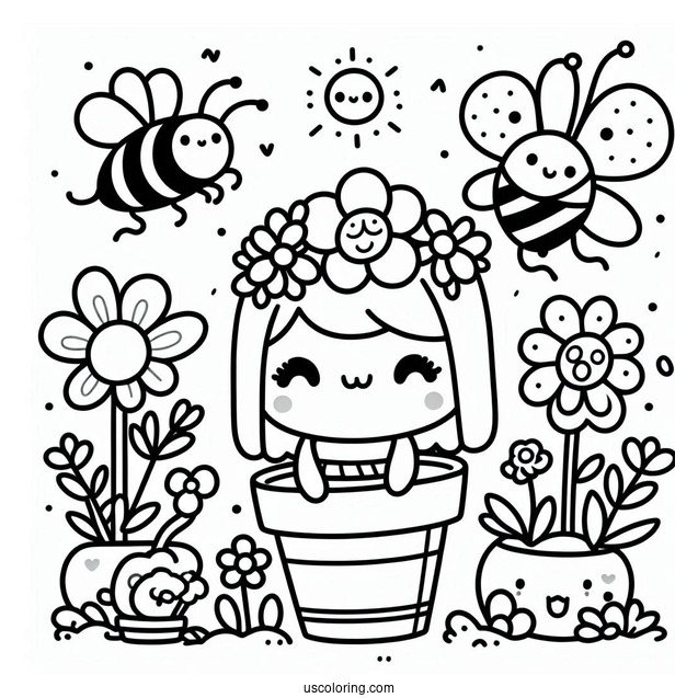 Spring Coloring Page Kawaii Flower Pot With Bee And Butterfly For Kids