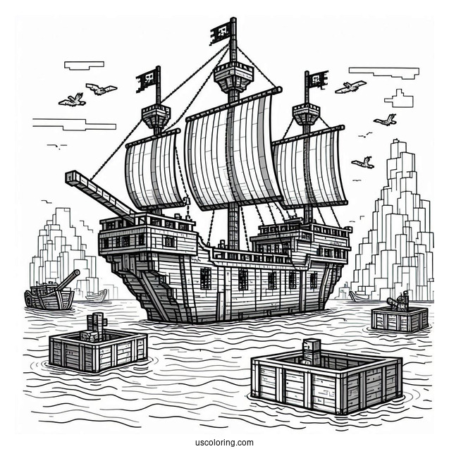 Minecraft Pirate Ship Coloring Page Docked At The Port