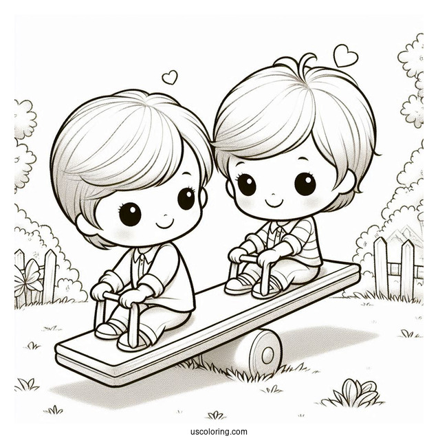 Simple Precious Moments Coloring Page Of Children Playing On Seesaw
