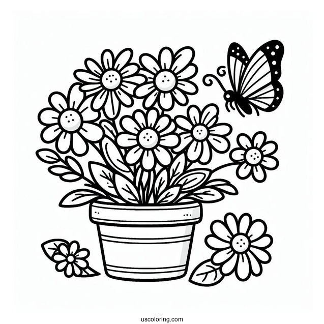 Flower Coloring Pages Of Daisies In Cartoon Pot With Butterfly