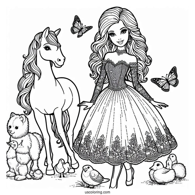 Barbie In Beautiful Dress And Animals