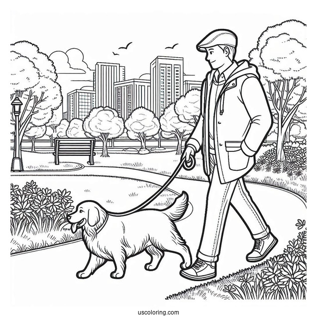 Coloring Sheet Of Man Walking His Dog In Park