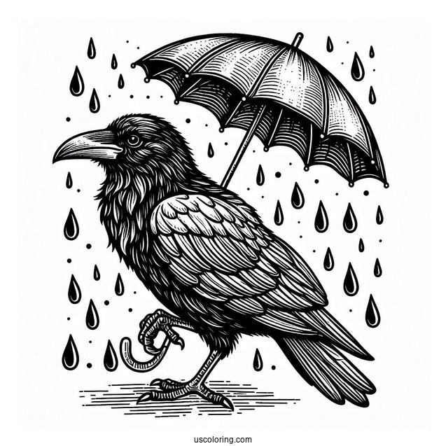 Raven Coloring Page Holding An Umbrella In The Rain