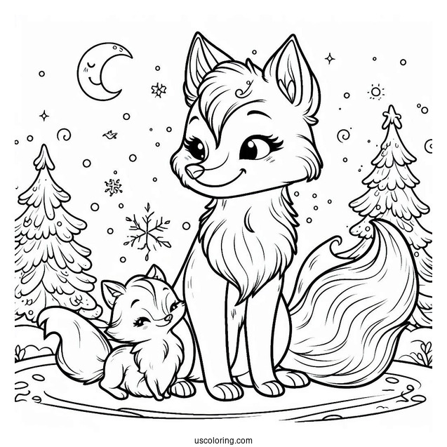Mother Fox And Baby Fox In Winter Coloring Page For Kids