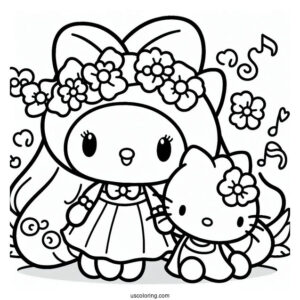 My Melody Coloring Page Holding Hands With Hello Kitty