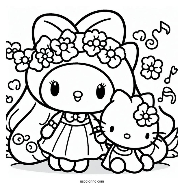 My Melody Coloring Page Holding Hands With Hello Kitty
