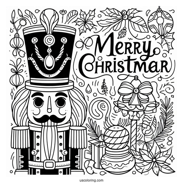 Close Up Of A Nutcracker Coloring Page With A Christmas Greeting For Kids