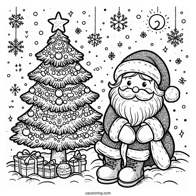 New Year Coloring Page Of Santa Claus Beside A Christmas Tree On Snowy Night