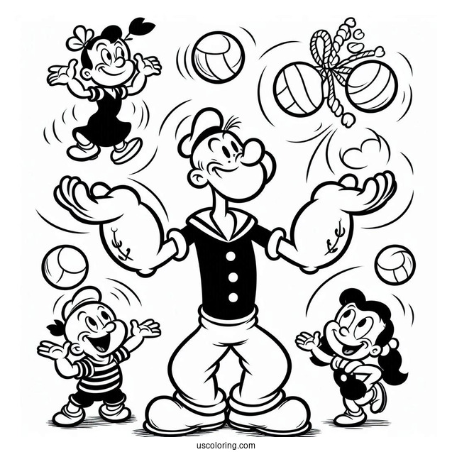 Popeye Coloring Page Juggling Eugene, Olive Oyl, And Swee Pea
