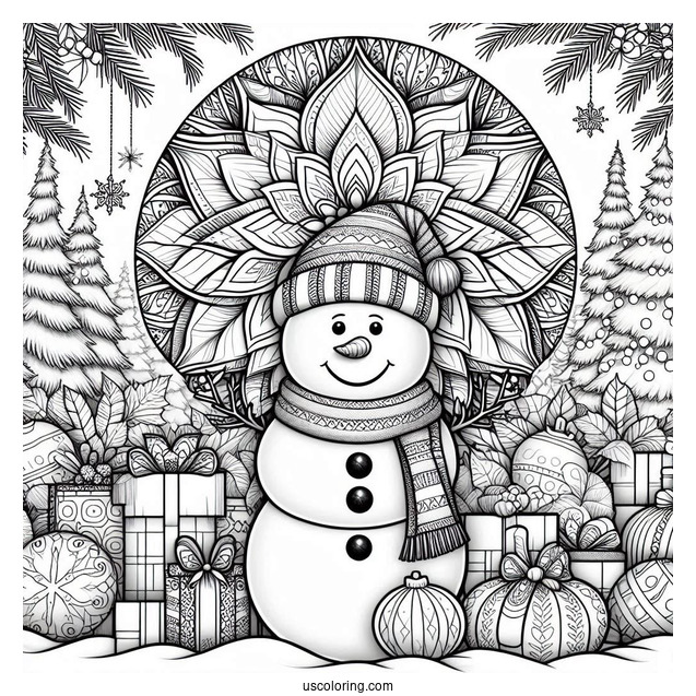 Christmas Coloring Pages For Adults Of Smiling Snowman In Front Of Christmas Poinsettia Mandala