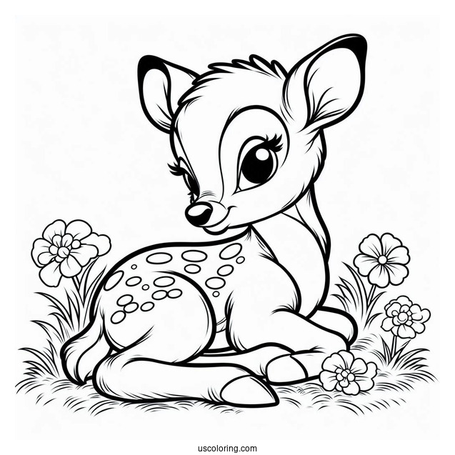 Bambi Sitting On Grass Coloring In