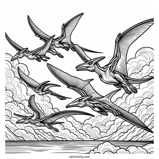 Four Adult Pterodactyl Coloring Page In The Sky