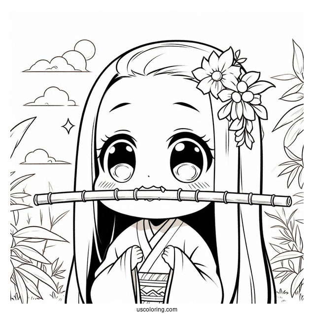 Cute Chibi Nezuko Coloring Page Biting Down Bamboo