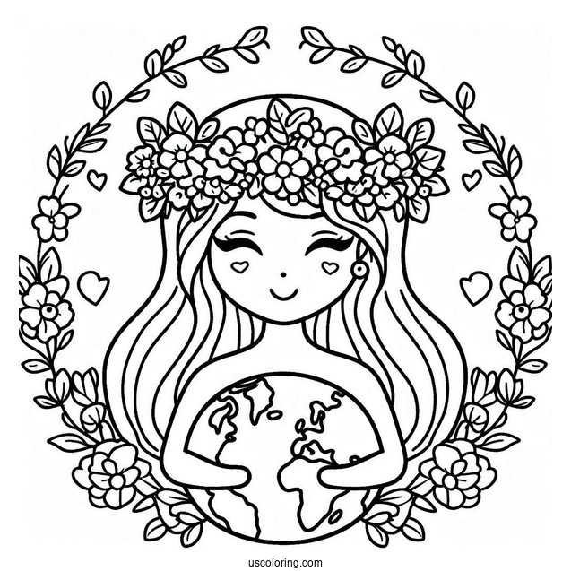 Earth Wearing Flower Crown Coloring Page For Kids