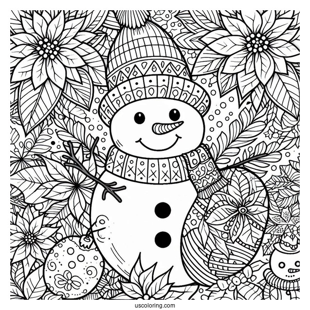 Christmas Coloring Pages For Adults Of Smiling Snowman In Front Of Christmas Poinsettia Mandala
