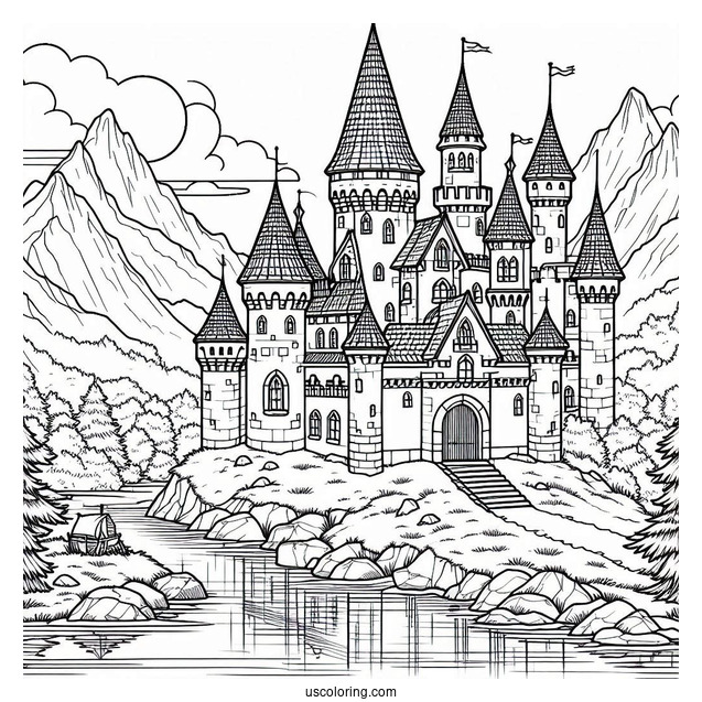 Castle Coloring Page With Moat In The Mountains