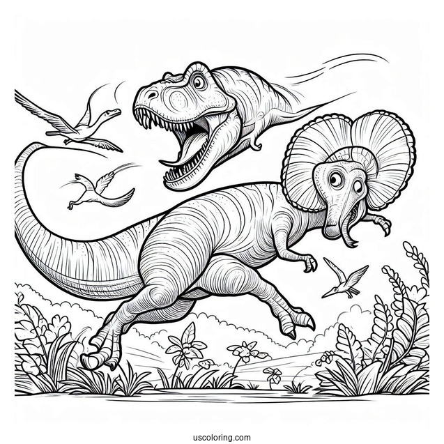 T Rex Chasing Parasaurolophus Coloring Page