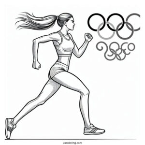 Athlete Running With Olympics Coloring Page Of Logo Above Her