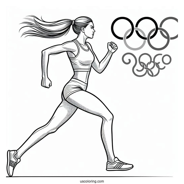 Athlete Running With Olympics Coloring Page Of Logo Above Her